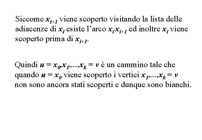 Siccome xi+1 viene scoperto visitando la lista delle adiacenze di xi esiste l’arco xi