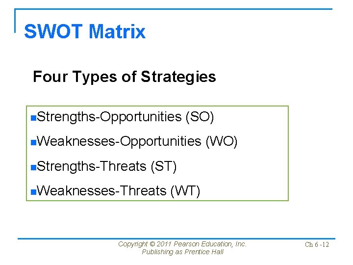 SWOT Matrix Four Types of Strategies n. Strengths-Opportunities (SO) n. Weaknesses-Opportunities n. Strengths-Threats (WO) SWOT Matrix Four Types of Strategies n. Strengths-Opportunities (SO) n. Weaknesses-Opportunities n. Strengths-Threats (WO)