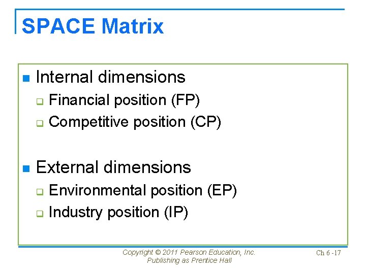 SPACE Matrix n Internal dimensions q q n Financial position (FP) Competitive position (CP) SPACE Matrix n Internal dimensions q q n Financial position (FP) Competitive position (CP)