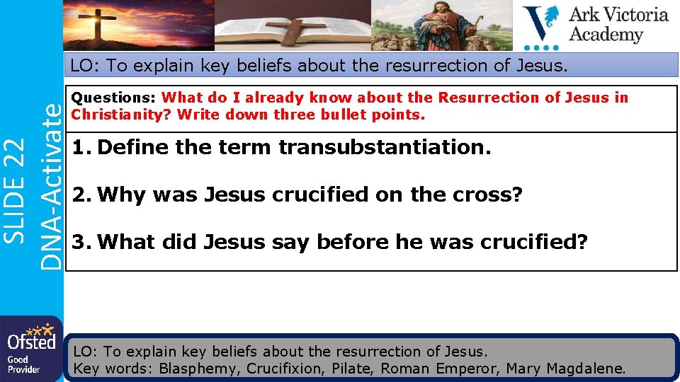SLIDE 22 DNA-Activate LO: To explain key beliefs about the resurrection of Jesus. Questions: