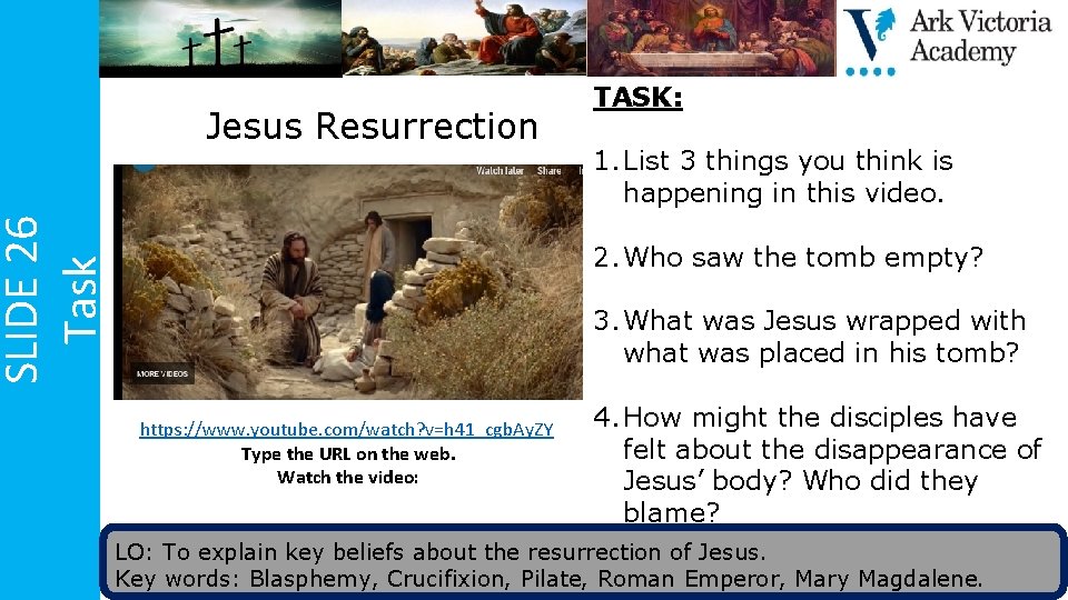 SLIDE 26 Task Jesus Resurrection TASK: 1. List 3 things you think is happening