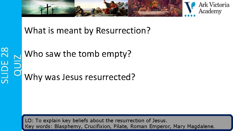 SLIDE 28 QUIZ What is meant by Resurrection? Who saw the tomb empty? Why