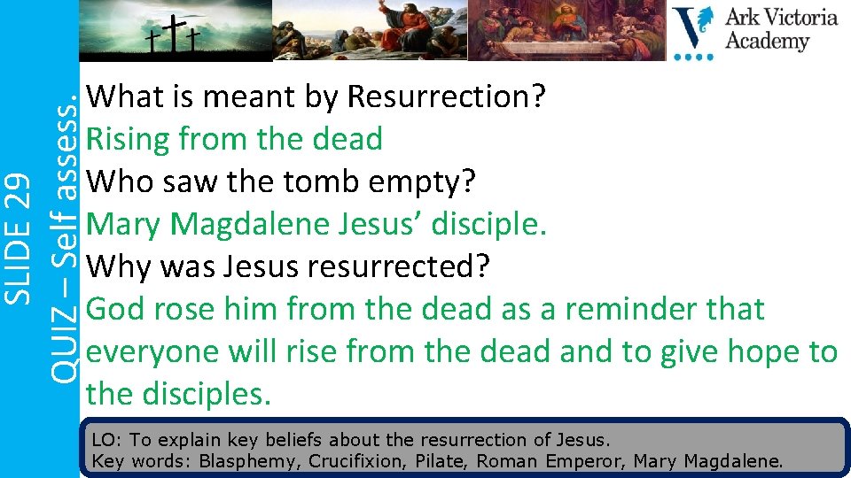 SLIDE 29 QUIZ – Self assess. What is meant by Resurrection? Rising from the