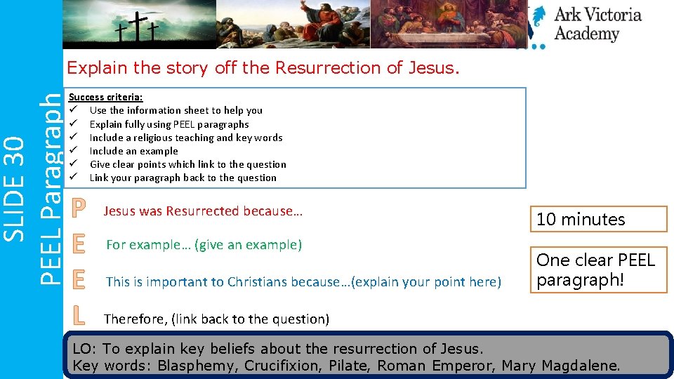 SLIDE 30 PEEL Paragraph Explain the story off the Resurrection of Jesus. Success criteria:
