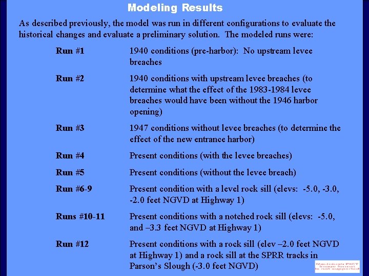 Modeling Results As described previously, the model was run in different configurations to evaluate