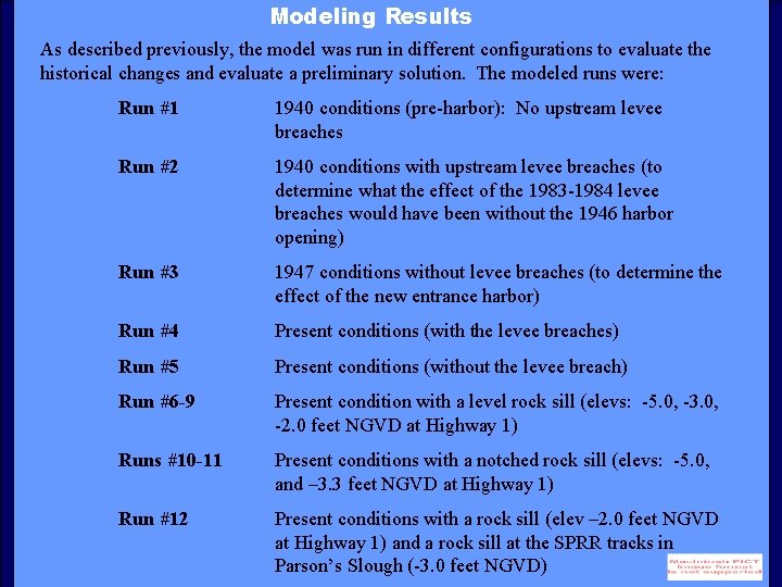 Modeling Results As described previously, the model was run in different configurations to evaluate