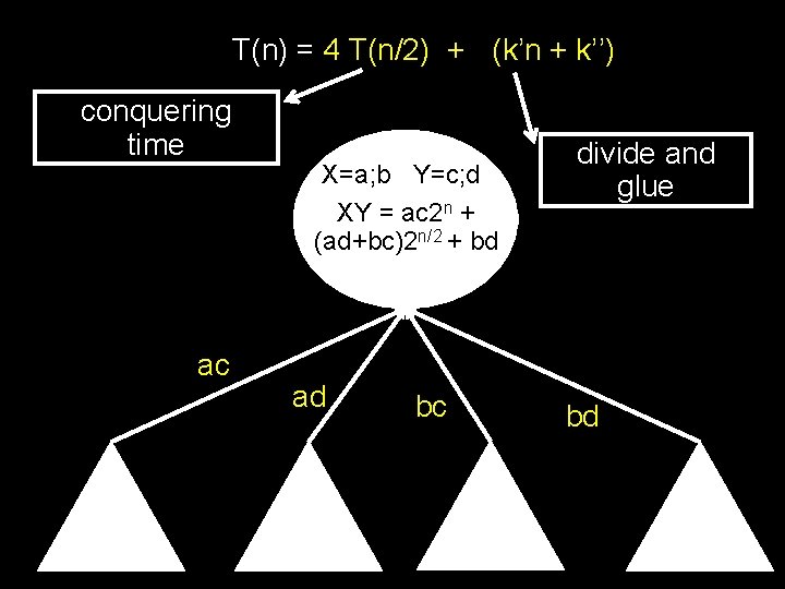 T(n) = 4 T(n/2) + (k’n + k’’) conquering time ac X=a; b Y=c;