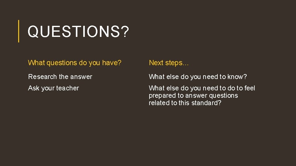 QUESTIONS? What questions do you have? Next steps… Research the answer What else do