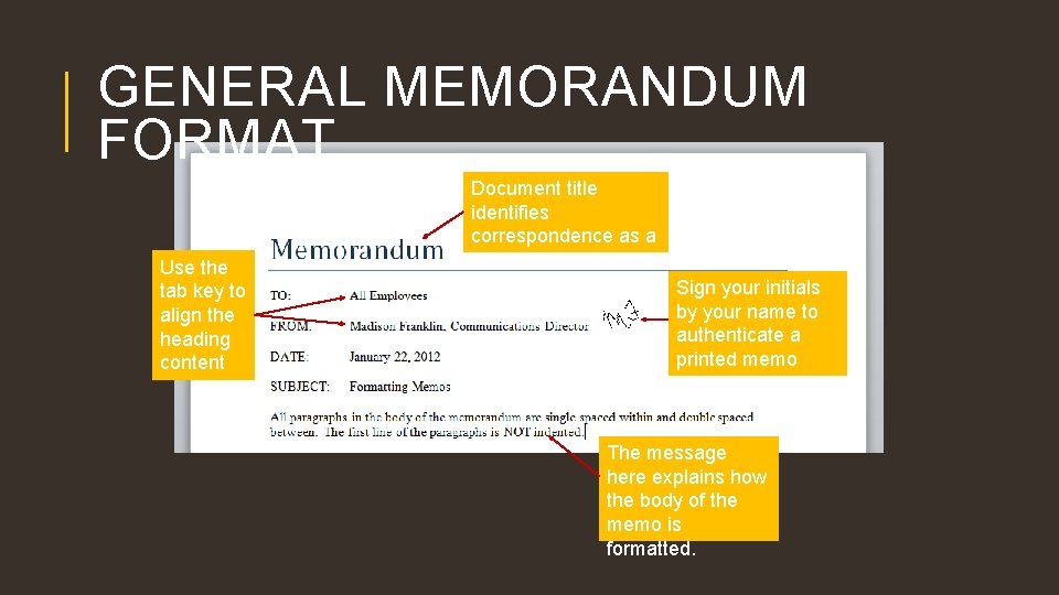 GENERAL MEMORANDUM FORMAT Use the tab key to align the heading content Document title