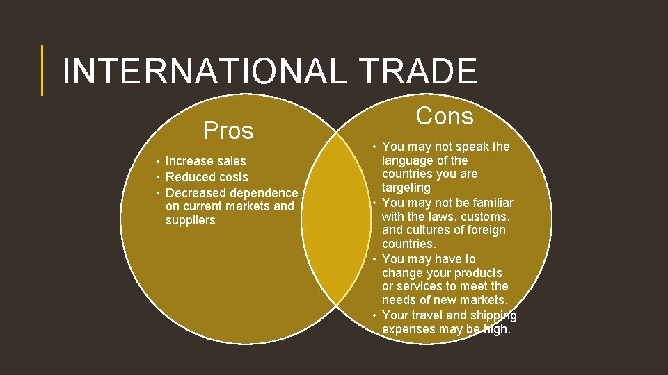 INTERNATIONAL TRADE Pros • Increase sales • Reduced costs • Decreased dependence on current