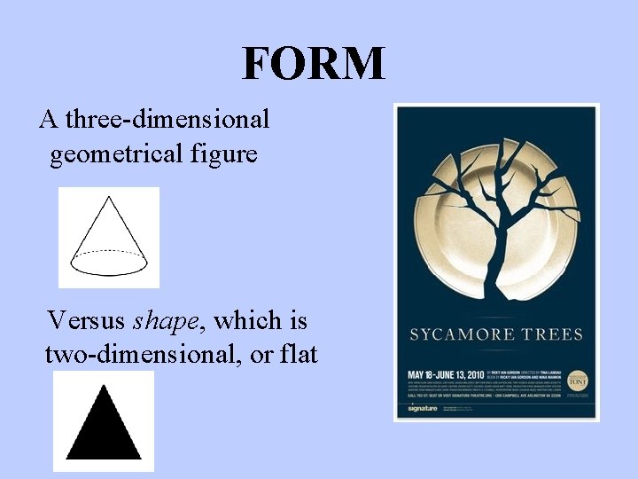 FORM A three-dimensional geometrical figure Versus shape, which is two-dimensional, or flat 