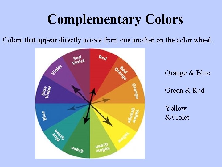 Complementary Colors that appear directly across from one another on the color wheel. Orange