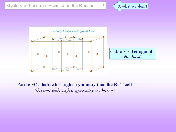 Mystery of the missing entries in the Bravais List! & what we don’t Cubic