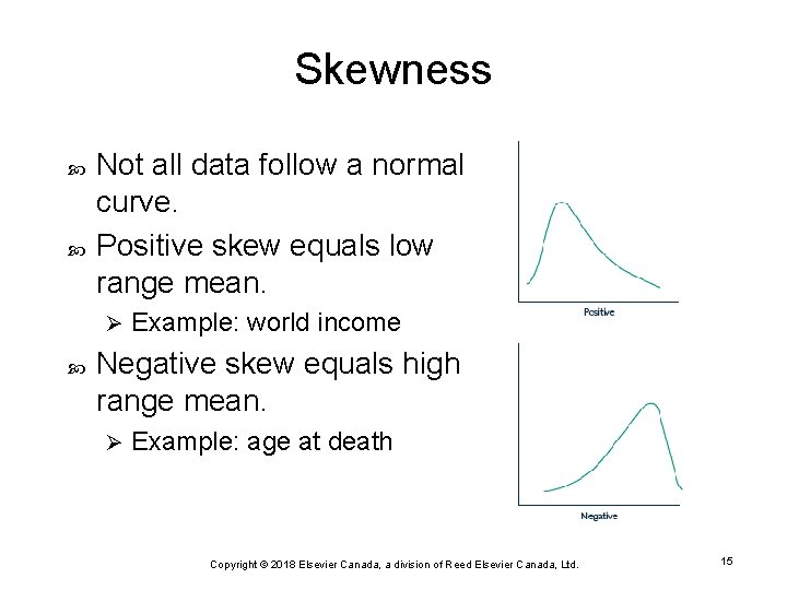 Skewness Not all data follow a normal curve. Positive skew equals low range mean.