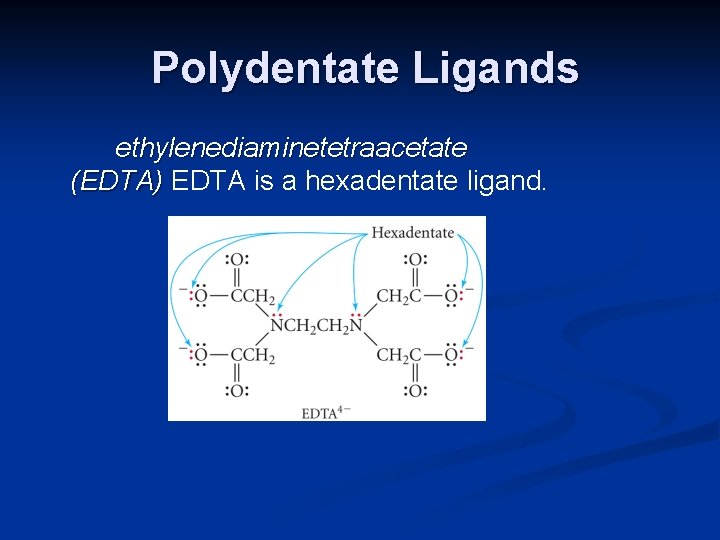 Polydentate Ligands ethylenediaminetetraacetate (EDTA) EDTA is a hexadentate ligand. 