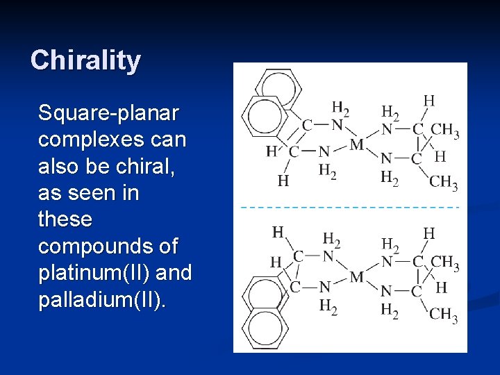 Chirality Square-planar complexes can also be chiral, as seen in these compounds of platinum(II)