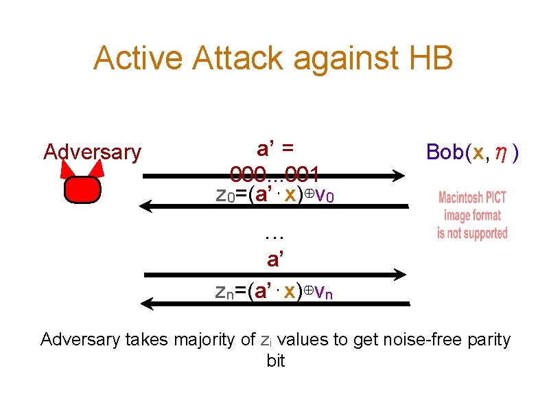 Active Attack against HB Adversary a’ = 000. . . 001 z 0=(a’⋅x)⊕ν 0