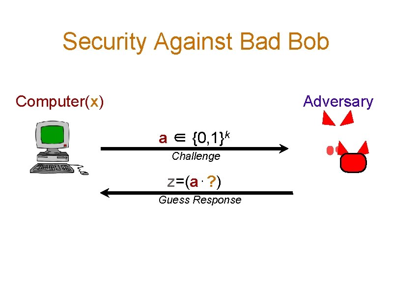 Security Against Bad Bob Computer(x) Adversary a ∈ {0, 1}k Challenge z=(a⋅? ) Guess