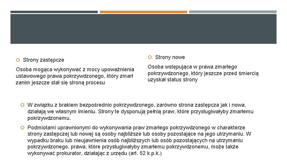 Strony zastępcze Osoba mogąca wykonywać z mocy upoważnienia ustawowego prawa pokrzywdzonego, który zmarł Strony zastępcze Osoba mogąca wykonywać z mocy upoważnienia ustawowego prawa pokrzywdzonego, który zmarł