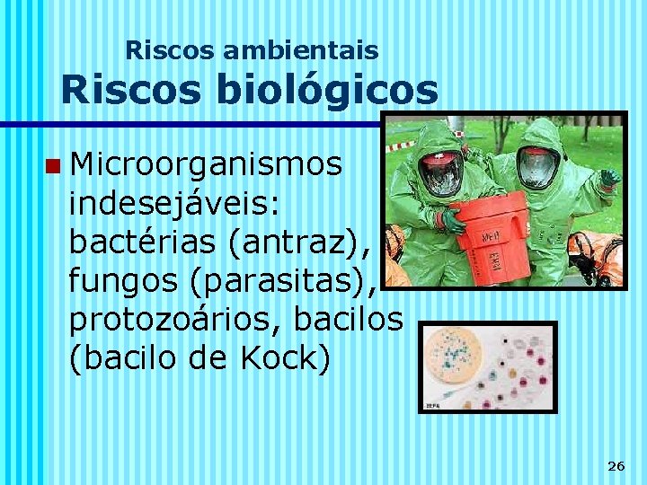 Riscos ambientais Riscos biológicos n Microorganismos indesejáveis: bactérias (antraz), fungos (parasitas), protozoários, bacilos (bacilo