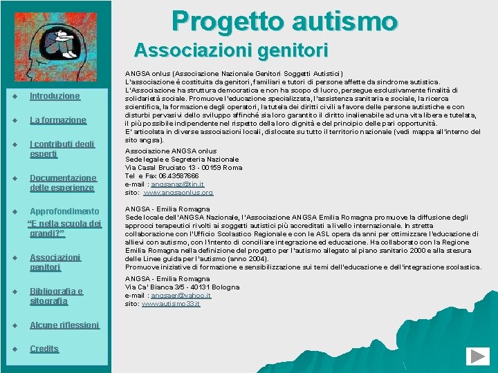  Progetto autismo Associazioni genitori u Introduzione u La formazione u I contributi degli