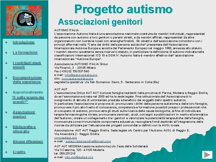  Progetto autismo Associazioni genitori u Introduzione u La formazione u I contributi degli