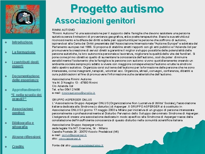  Progetto autismo Associazioni genitori u Introduzione u La formazione u I contributi degli