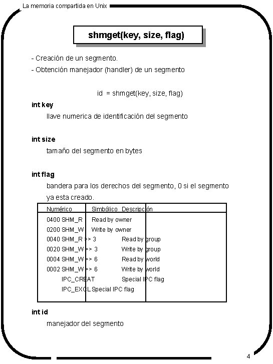 La memoria compartida en Unix shmget(key, size, flag) - Creación de un segmento. -