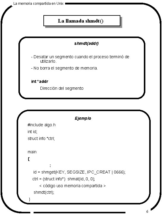 La memoria compartida en Unix La llamada shmdt() shmdt(addr) - Desatar un segmento cuando