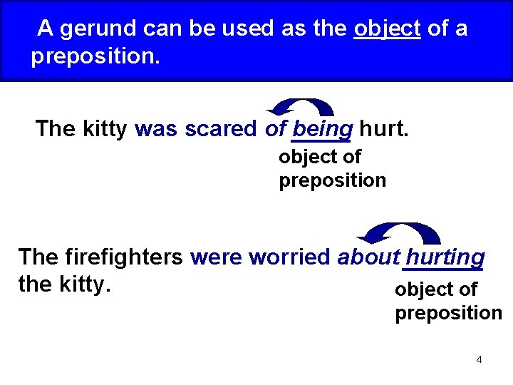 A gerund can be used as the object of a preposition. The kitty was