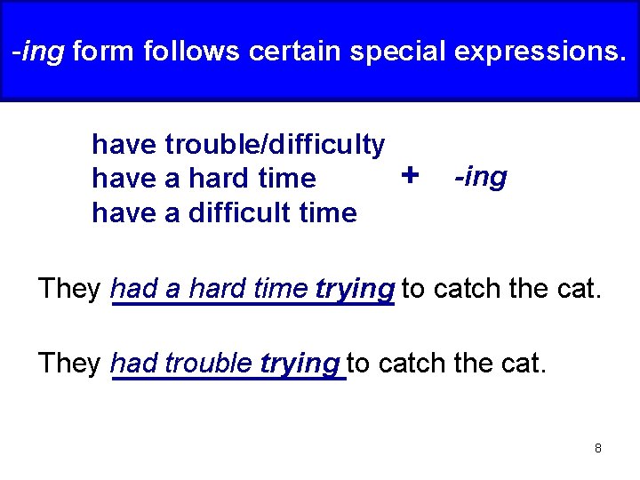 -ing form follows certain special expressions. have trouble/difficulty have a hard time have a