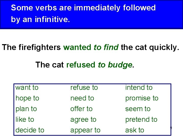 Some verbs are immediately followed by an infinitive. The firefighters wanted to find the