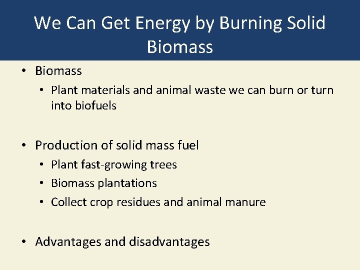We Can Get Energy by Burning Solid Biomass • Plant materials and animal waste We Can Get Energy by Burning Solid Biomass • Plant materials and animal waste