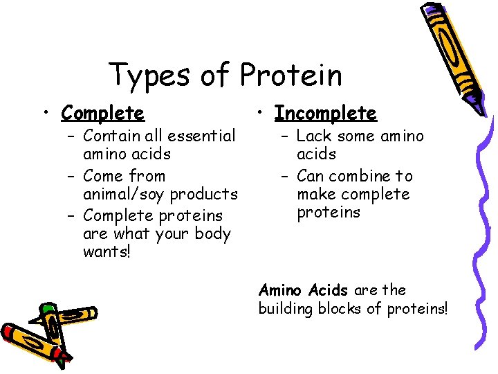 Types of Protein • Complete – Contain all essential amino acids – Come from