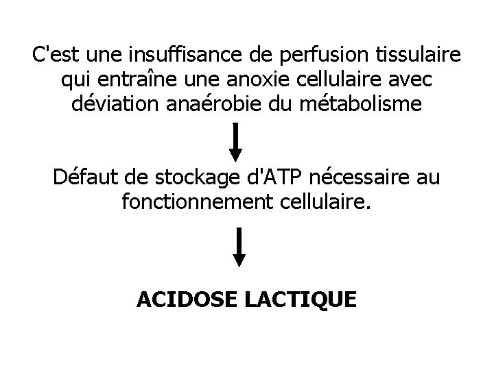 C'est une insuffisance de perfusion tissulaire qui entraîne une anoxie cellulaire avec déviation anaérobie