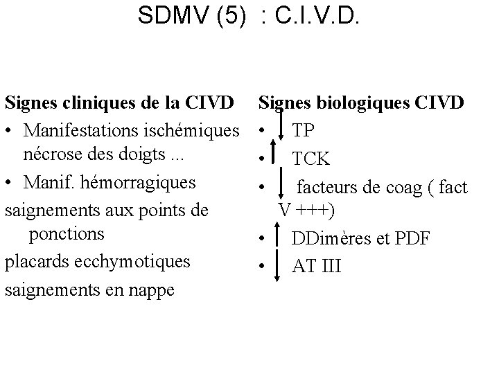 SDMV (5) : C. I. V. D. Signes cliniques de la CIVD • Manifestations
