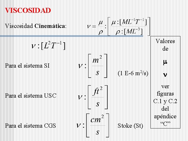 VISCOSIDAD Viscosidad Cinemática: Valores de Para el sistema SI (1 E-6 m 2/s) Para
