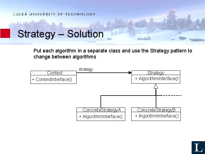 Strategy – Solution Put each algorithm in a separate class and use the Strategy