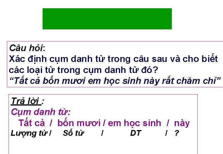 Câu hỏi: Xác định cụm danh từ trong câu sau và cho biết các