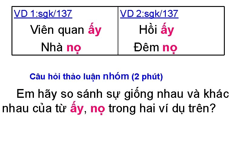 VD 1: sgk/137 Viên quan ấy Nhà nọ VD 2: sgk/137 Hồi ấy Đêm