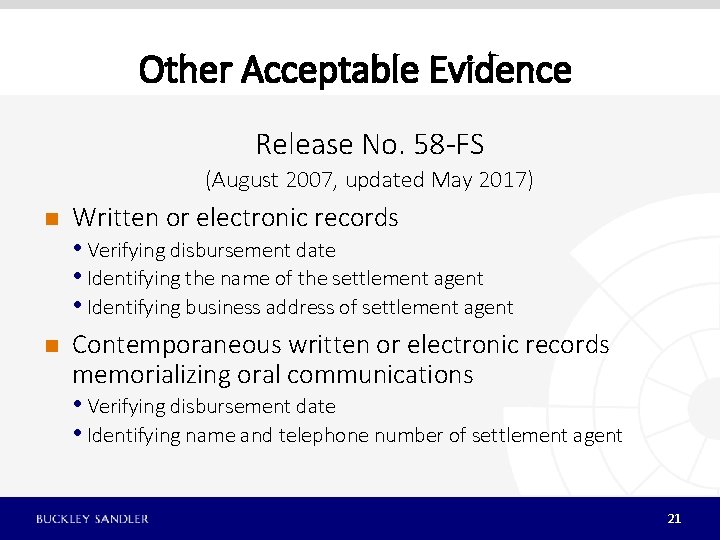 Other Acceptable Evidence Release No. 58 -FS (August 2007, updated May 2017) n n