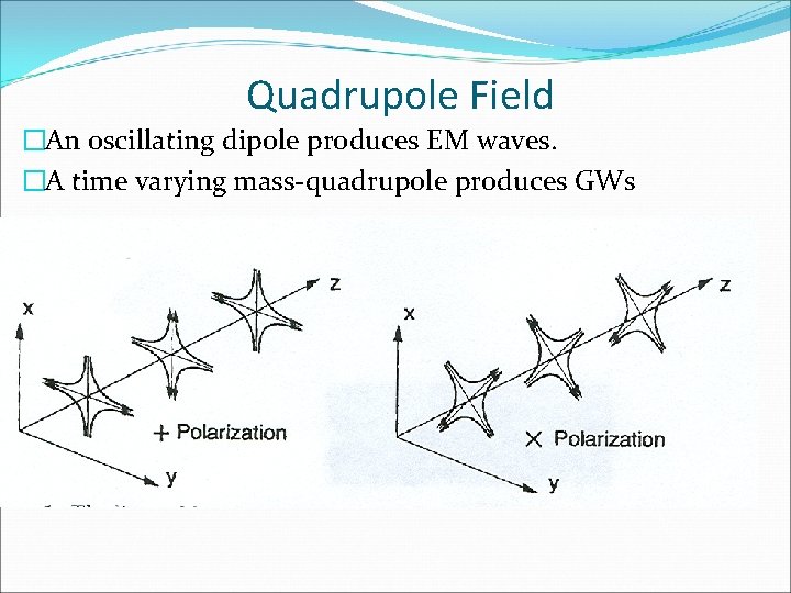 Quadrupole Field �An oscillating dipole produces EM waves. �A time varying mass-quadrupole produces GWs