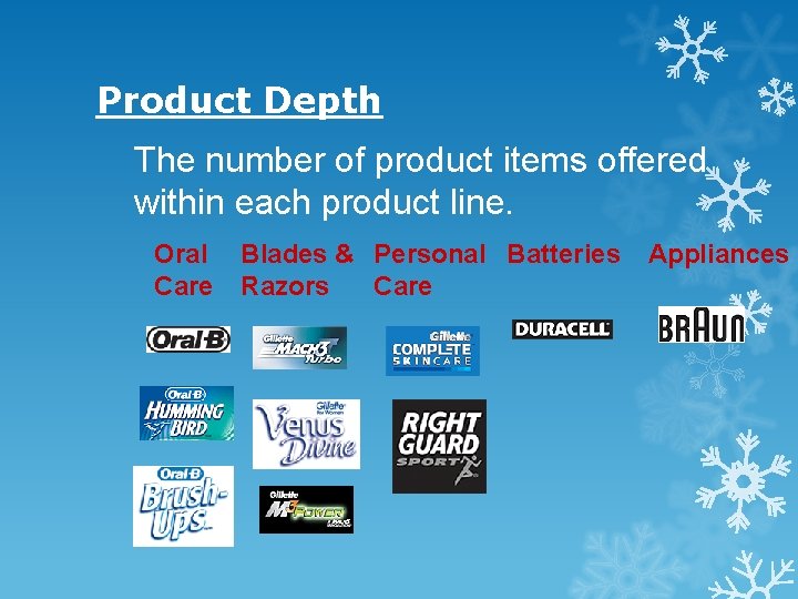 Product Depth The number of product items offered within each product line. Oral Care Product Depth The number of product items offered within each product line. Oral Care