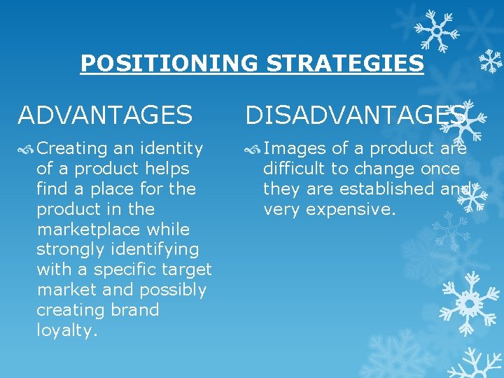 POSITIONING STRATEGIES ADVANTAGES DISADVANTAGES Creating an identity of a product helps find a place POSITIONING STRATEGIES ADVANTAGES DISADVANTAGES Creating an identity of a product helps find a place