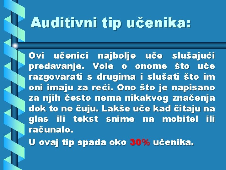 Auditivni tip učenika: Ovi učenici najbolje uče slušajući predavanje. Vole o onome što uče