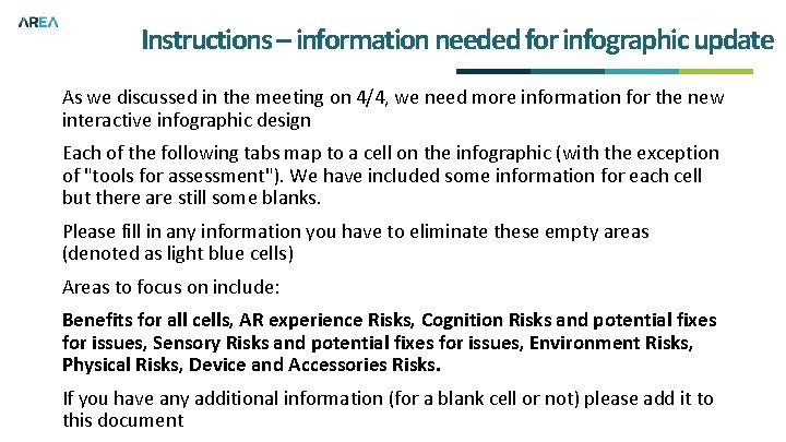 Instructions – information needed for infographic update As we discussed in the meeting on