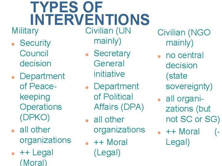 TYPES OF INTERVENTIONS Military n Security Council decision n Department of Peacekeeping Operations (DPKO)