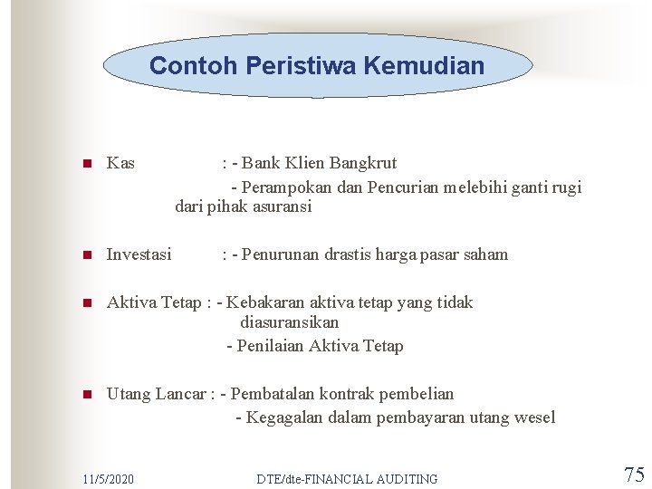 Contoh Peristiwa Kemudian n Kas n Investasi n Aktiva Tetap : - Kebakaran aktiva