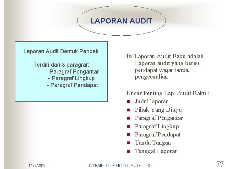 LAPORAN AUDIT Laporan Audit Bentuk Pendek Terdiri dari 3 paragraf: - Paragraf Pengantar -