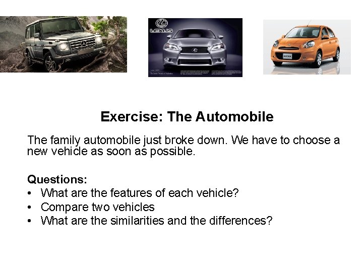 Exercise: The Automobile The family automobile just broke down. We have to choose a